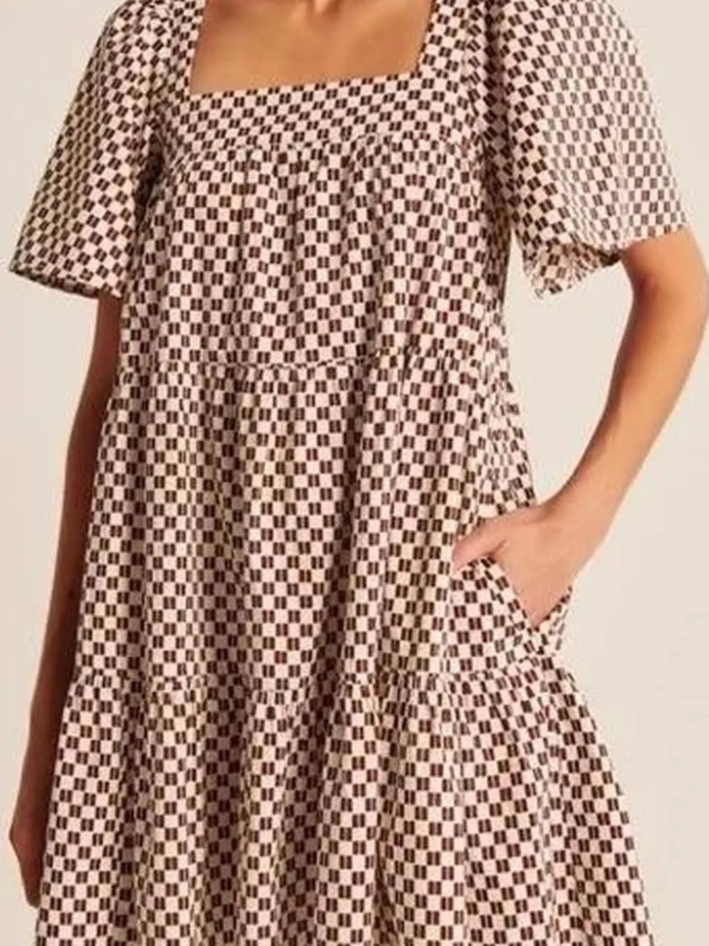 Square Neck Check Babydoll Mini Dress - Brown/White - Picture 2 of 7